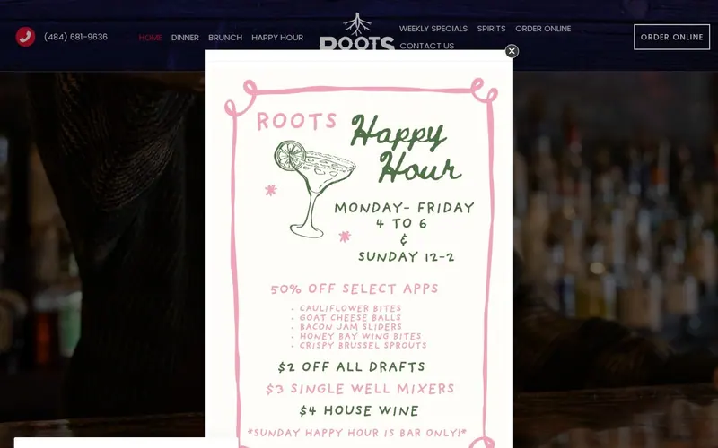 Screenshot of the Roots Restaurants website Screenshot of the Roots Restaurants website